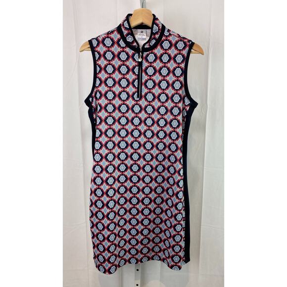 DAILY SPORTS  Size M Sleeveless Zip Neck Dress Geometric Print Red Blue Pink - Picture 1 of 7